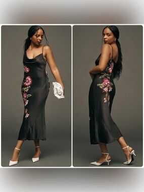 NWOT: Anthropologie Black Floral Printed Slip Dress | Size XS